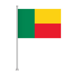 Benin flag waving on a metal pole against a white background